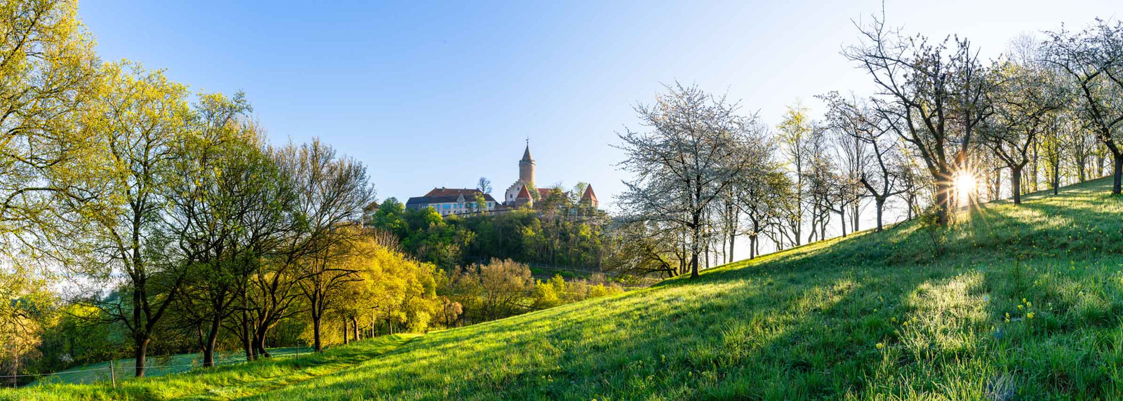 Leuchtenburg bei Kahla im Frühling zum Sonnenaufgang als Panorama Foto